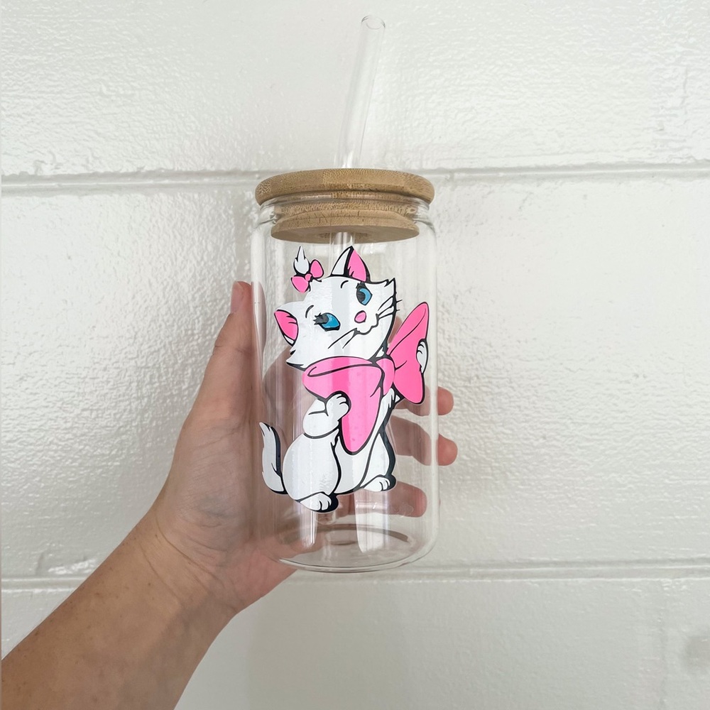 Marie Aristocats Glass Beer Can W/ glass straw
